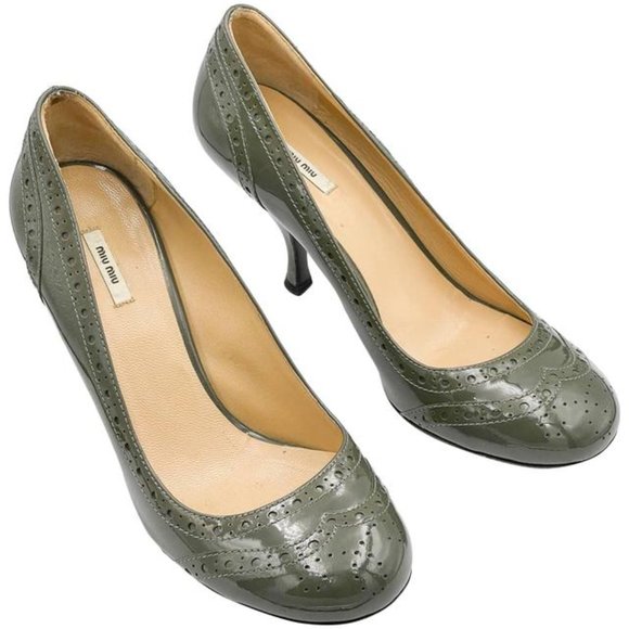 MIU MIU SAGE GREEN GREY SPECTATOR Patent Leather Round-Toe Heels! Size 37.5! - Picture 2 of 7